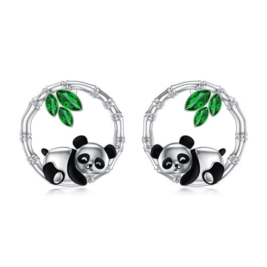Sterling Silver Cubic Zirconia Panda & Bamboo Stud Earrings