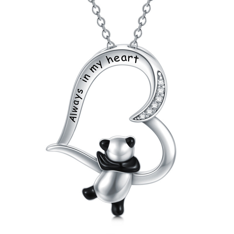 Sterling Silver Cubic Zirconia Panda & Heart Pendant Necklace with Engraved Word-12