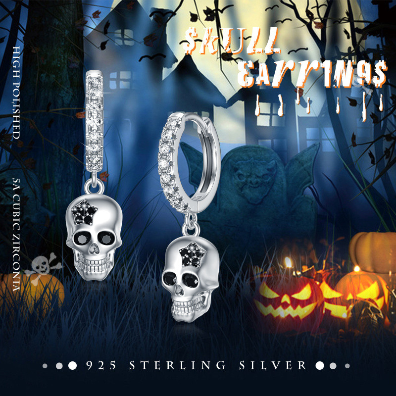Brincos de prata esterlina com caveira de zircónias cúbicas-6
