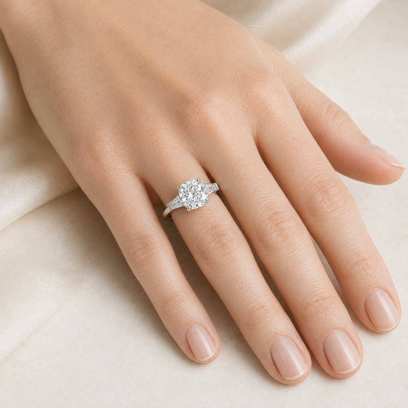 Verlobungsring aus Sterlingsilber mit Kissenschliff und im Labor gezüchteten Diamanten (Dreistein)-2