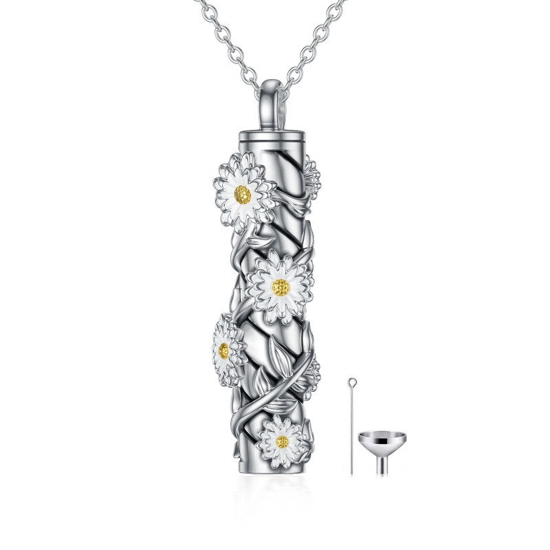 Sterling Silver Daisy Birth Flower & Bar Pendant Urn Necklace for Ashes-3