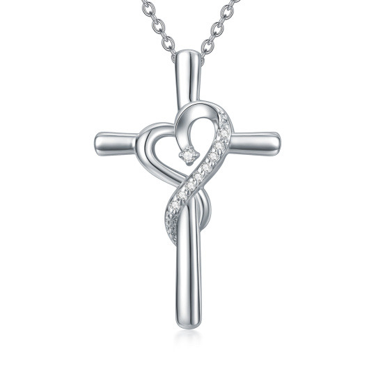 Sterling Silver Diamond Cross & Heart Pendant Necklace