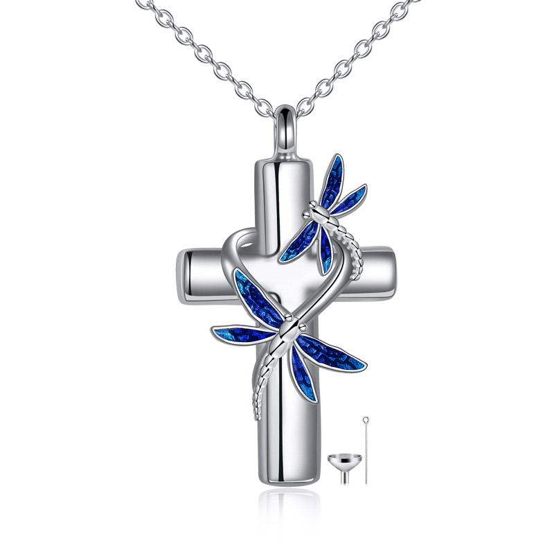 Sterling Silver Dragonfly & Cross Urn Necklace for Ashes-8