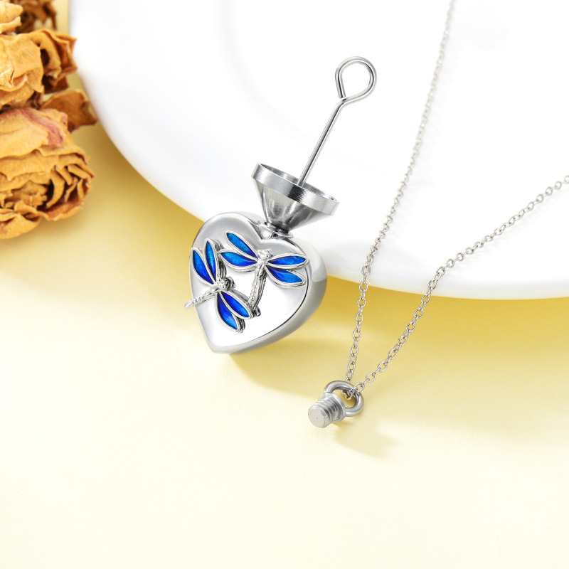 Collar libélula y urna de corazón en plata de ley con palabra grabada-3