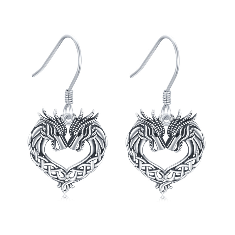 Pendientes colgantes con forma de corazón de dragón de plata de ley-20