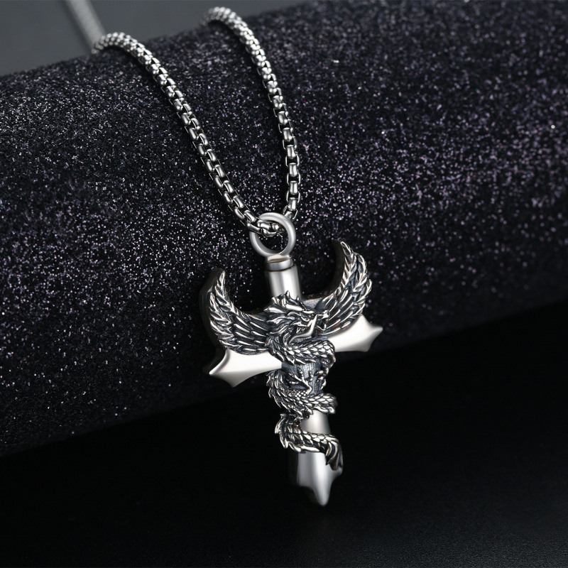 Collar con colgante de cruz de dragón y alas de ángel en plata de ley para hombres y mujeres-5