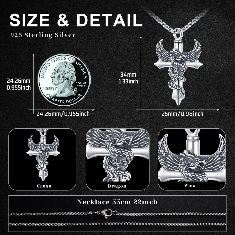 Collar con colgante de cruz de dragón y alas de ángel en plata de ley para hombres y mujeres-7