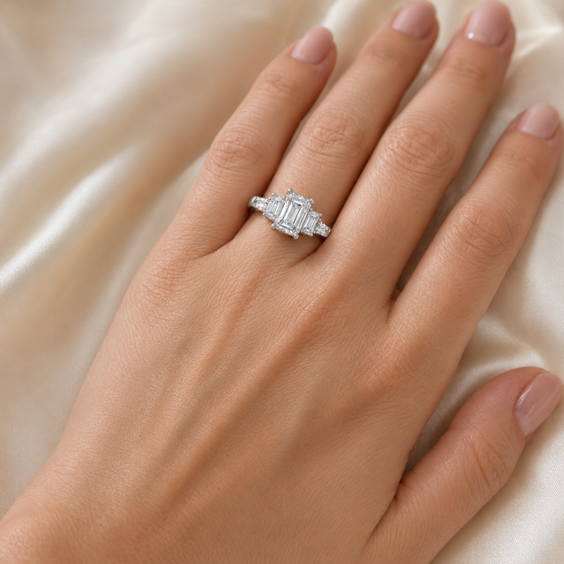 Bague de fiançailles trois pierres en or blanc 18 carats, sertie d'un diamant taille émeraude de 1 carat et d'un diamant de laboratoire taille baguette effilée.-2