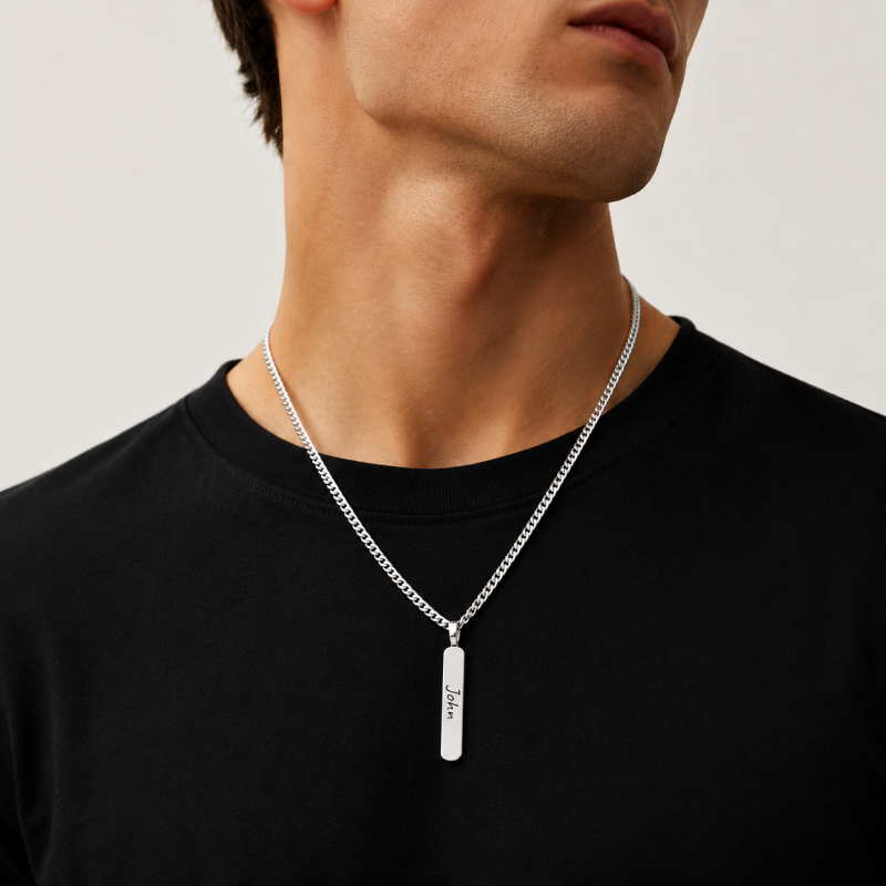 Sterling Silver Engravable & Bar Bar Necklace for Men-2