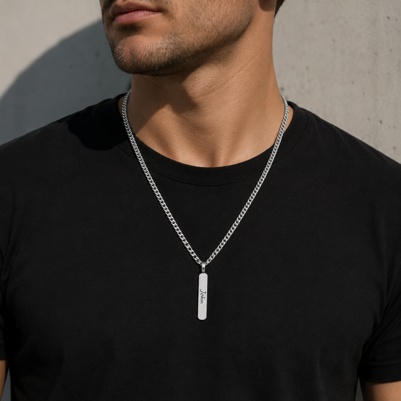 Sterling Silver Engravable & Bar Bar Necklace for Men-3