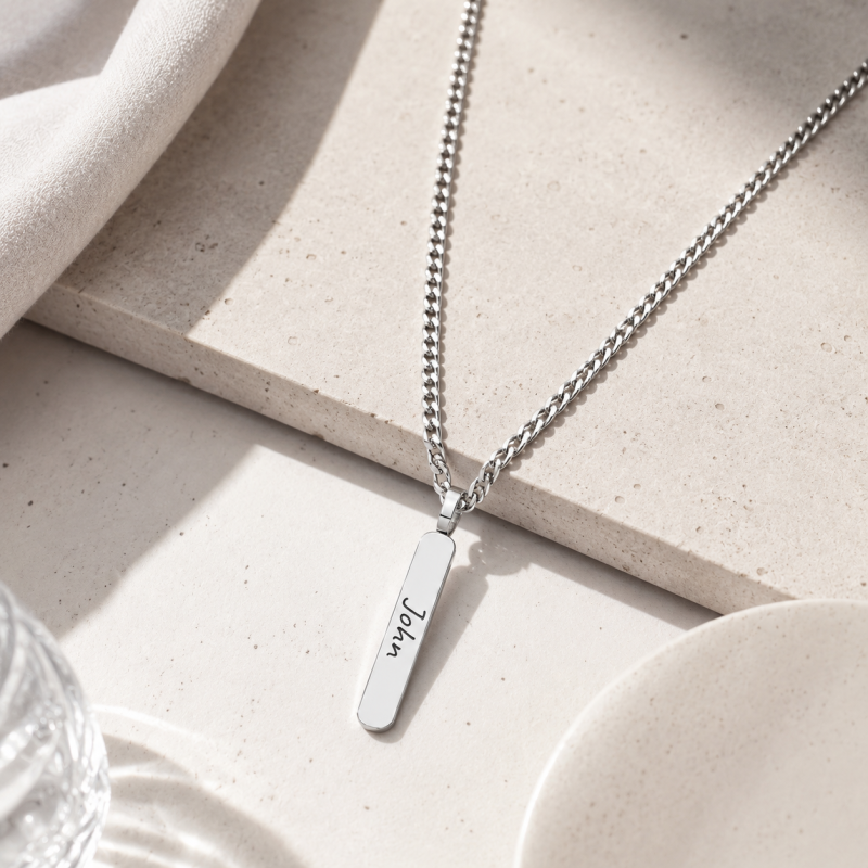 Sterling Silver Engravable & Bar Bar Necklace for Men-4