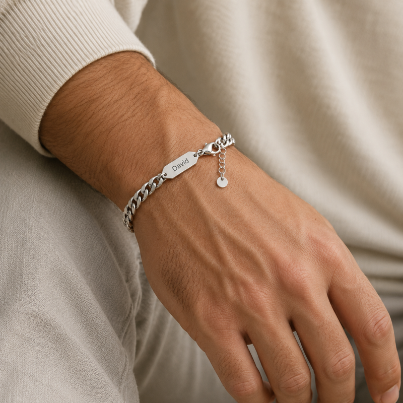 14K White Gold Engravable Charm Bracelet for Men-2