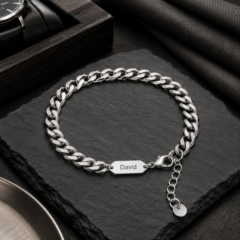 14K White Gold Engravable Charm Bracelet for Men-3