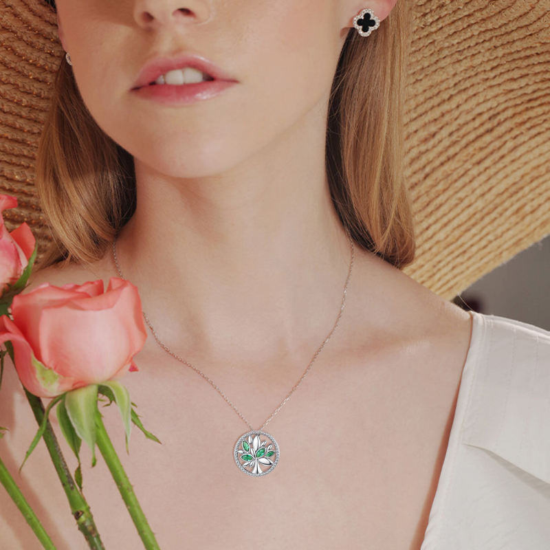 Collar de árbol de la vida con circonita cúbica verde en plata esterlina para mujer-3