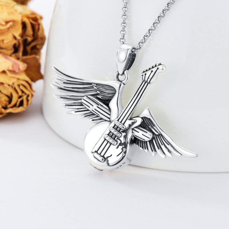 Collar Urna para Cenizas Guitarra y Alas de Ángel en Plata de Ley-4