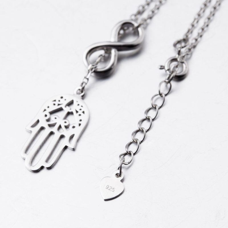 Collar ajustable en forma de Y con símbolo de infinito y mano de Fátima en plata de ley-3