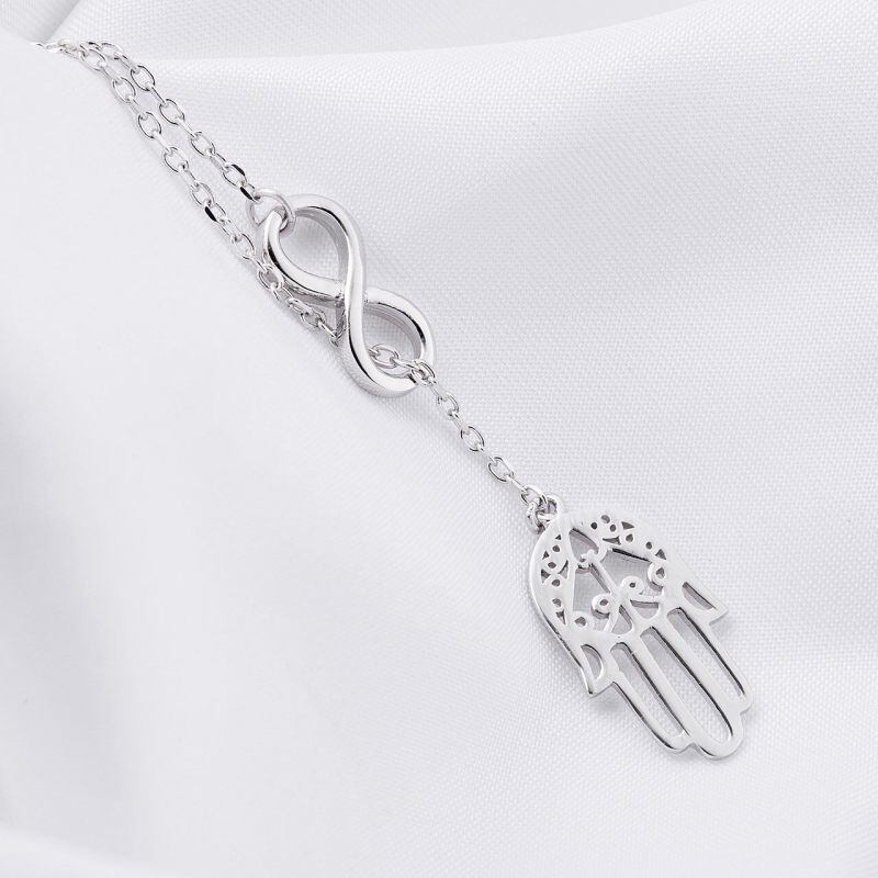 Collar ajustable en forma de Y con símbolo de infinito y mano de Fátima en plata de ley-4