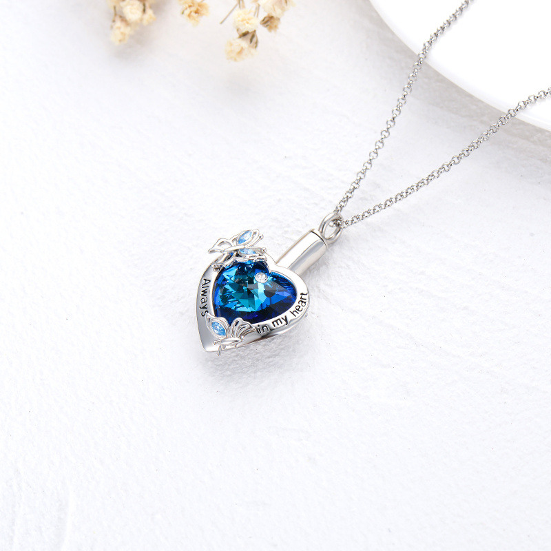 Collar de plata de ley con forma de mariposa y cristal azul para cenizas con protección grabada-3