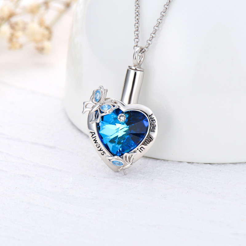 Collar de plata de ley con forma de mariposa y cristal azul para cenizas con protección grabada-5