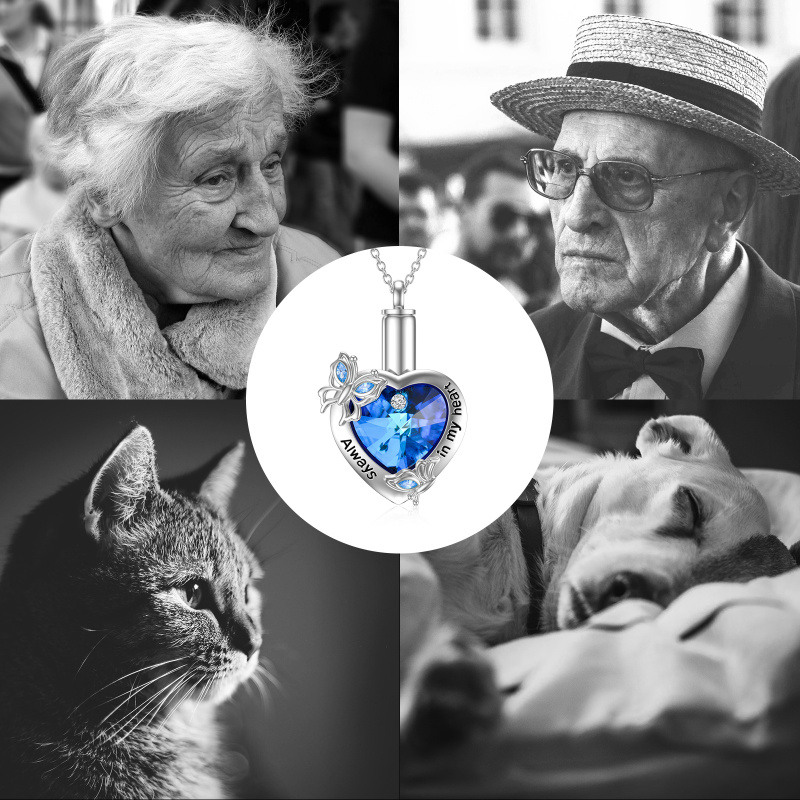 Collar de plata de ley con forma de mariposa y cristal azul para cenizas con protección grabada-6