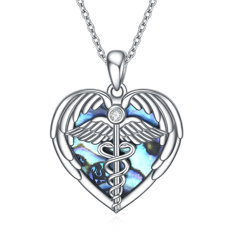 Collar con colgante de caduceo con ala de ángel y mariscos de abulón en forma de corazón de plata de ley para mujer-18