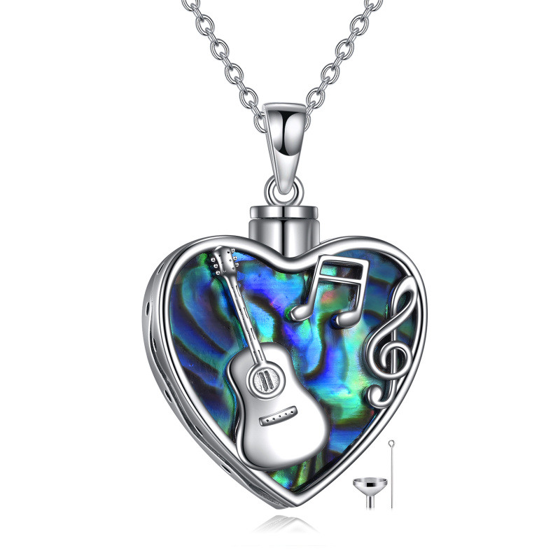 Collar de plata de ley con forma de corazón de abulón y mariscos, guitarra con símbolo musical, urna para cenizas con palabra grabada para mujer, mejor hermana-3