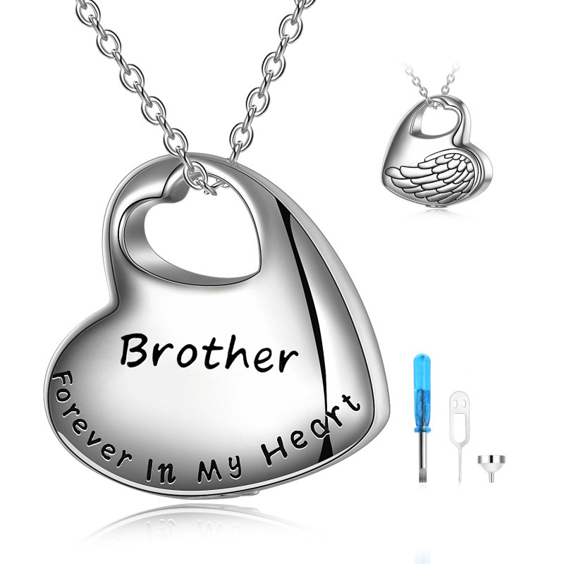 Collar de plata de ley con forma de ala de ángel y corazón para cenizas con palabra grabada para hermano-18
