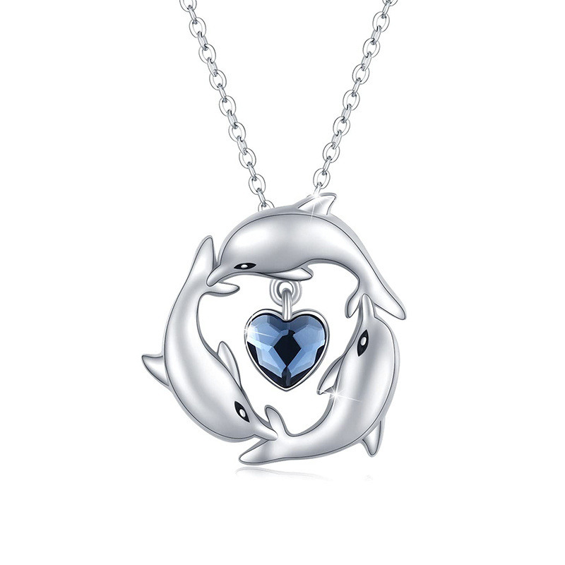 Collar con colgante de delfín y cristal de corazón de plata de ley para mujer-1