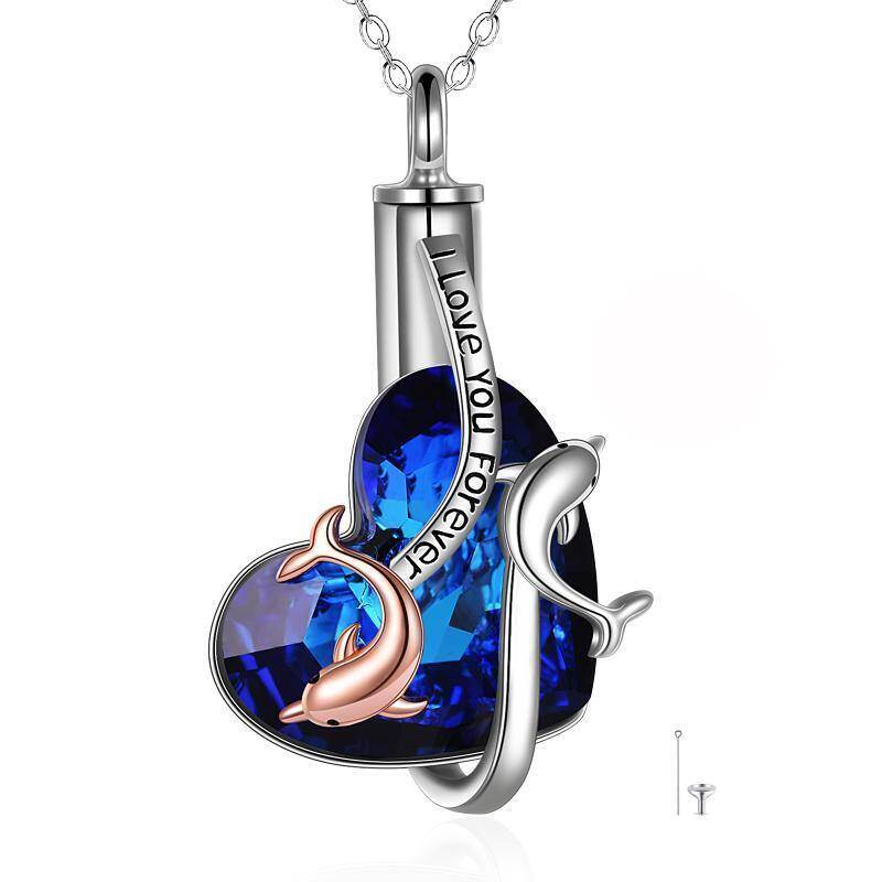 Sterling Silver Heart Crystal Dolphin Urn Necklace For Ashes With Engraved Word-20