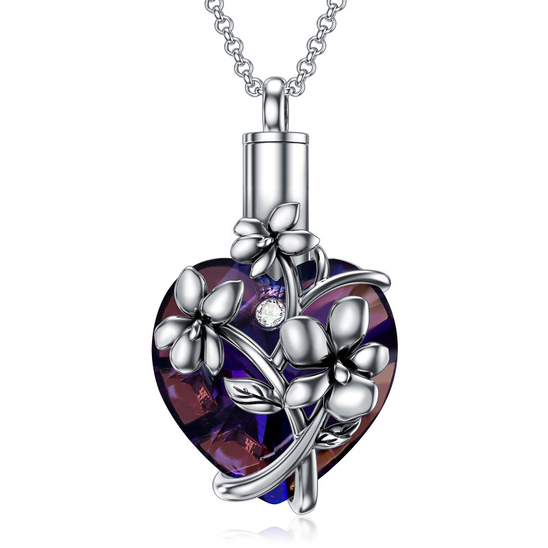 Sterling Silver Heart Crystal Lily Pendant Urn Necklace For Ashes Cremation Jewelry-1