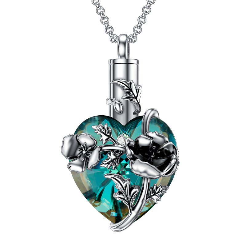 Sterling Silver Heart Crystal Lily Pendant Urn Necklace For Ashes Cremation Jewelry-2