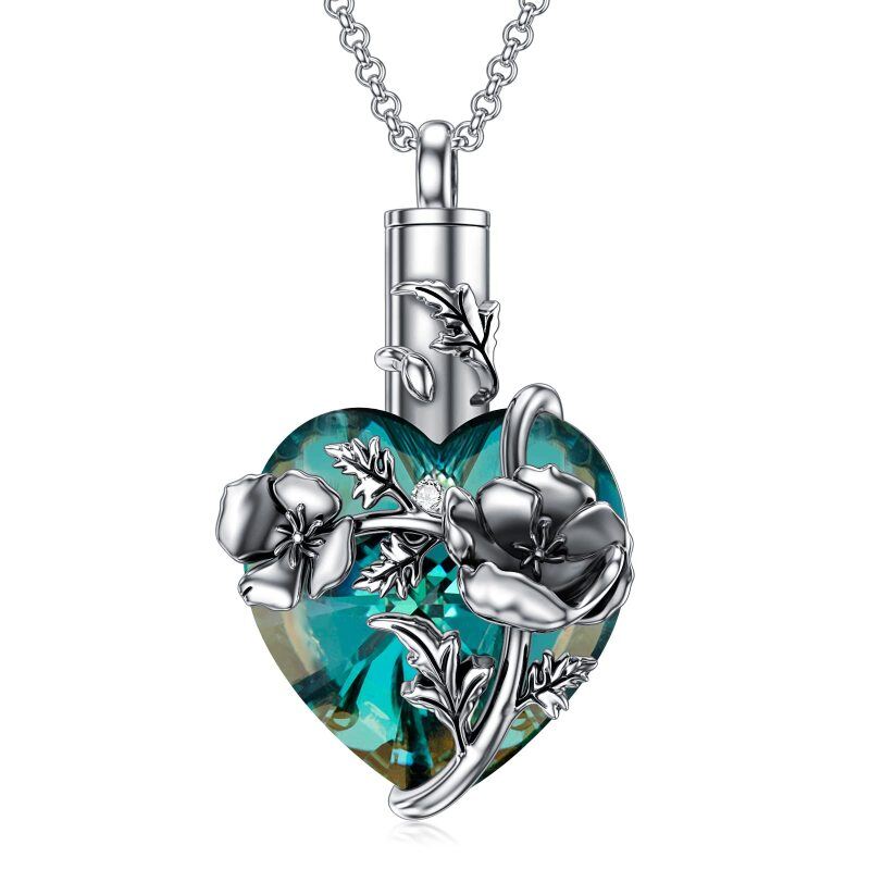Sterling Silver Heart Crystal Lily Pendant Urn Necklace For Ashes Cremation Jewelry-3