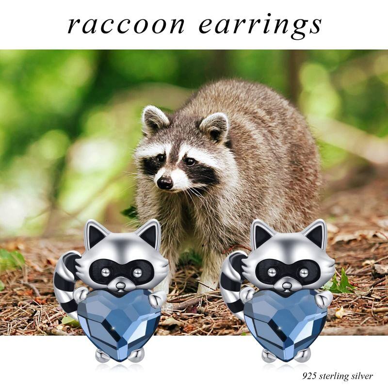 Sterling Silver Heart Crystal Raccoon Stud Earrings For Women-4