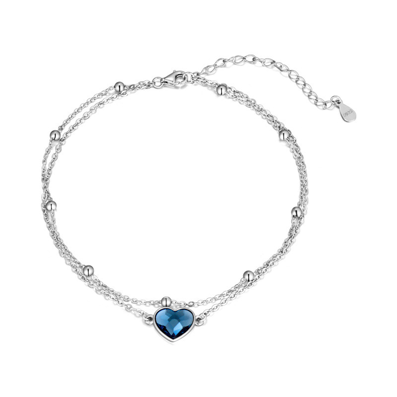 Tobillera de una sola capa con cristal de corazón de plata esterlina para mujer-1