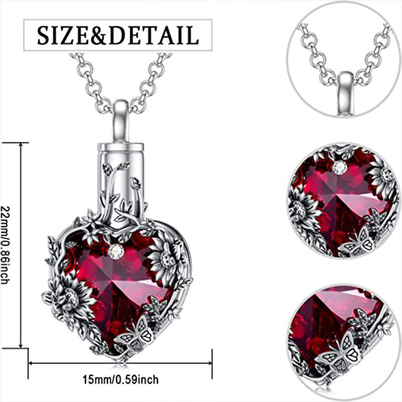 Collier d'urne de tournesol en cristal de coeur en argent sterling pour les cendres-5