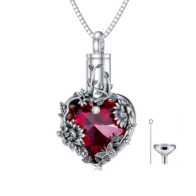 Collar de urna de girasol con cristal de corazón de plata de ley para cenizas-4