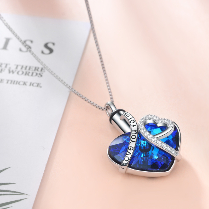 Collar de urna de cristal con forma de corazón de plata esterlina para cenizas con la frase 