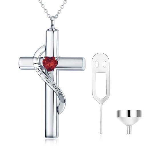 Colar de Urna para Cinzas com Coração de Prata Esterlina, Zircônia Cúbica e Cruz Personalizada, com Pedra Natalícia e Palavra Gravada