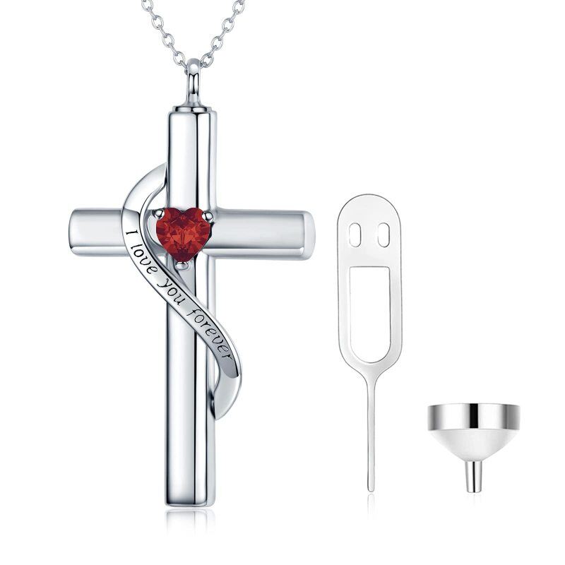 Collar con urna para cenizas, en plata esterlina, con corazón, circonia cúbica y cruz personalizada con piedra de nacimiento, con palabra grabada-19