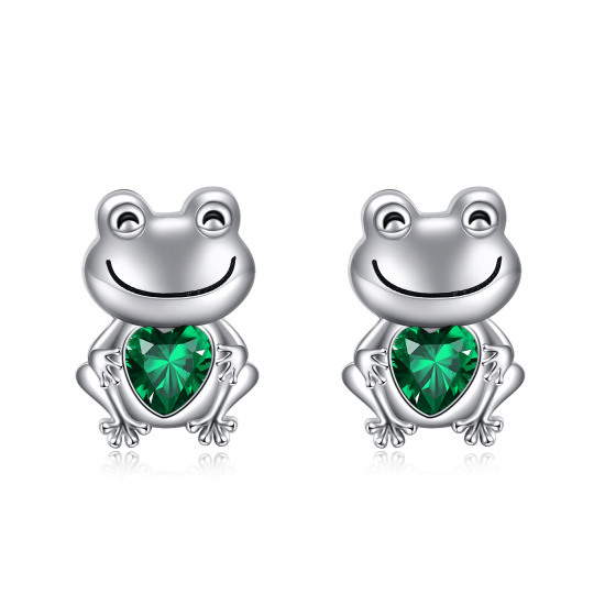 Orecchini a bottone con rana a forma di cuore in argento sterling con zirconi cubici da donna