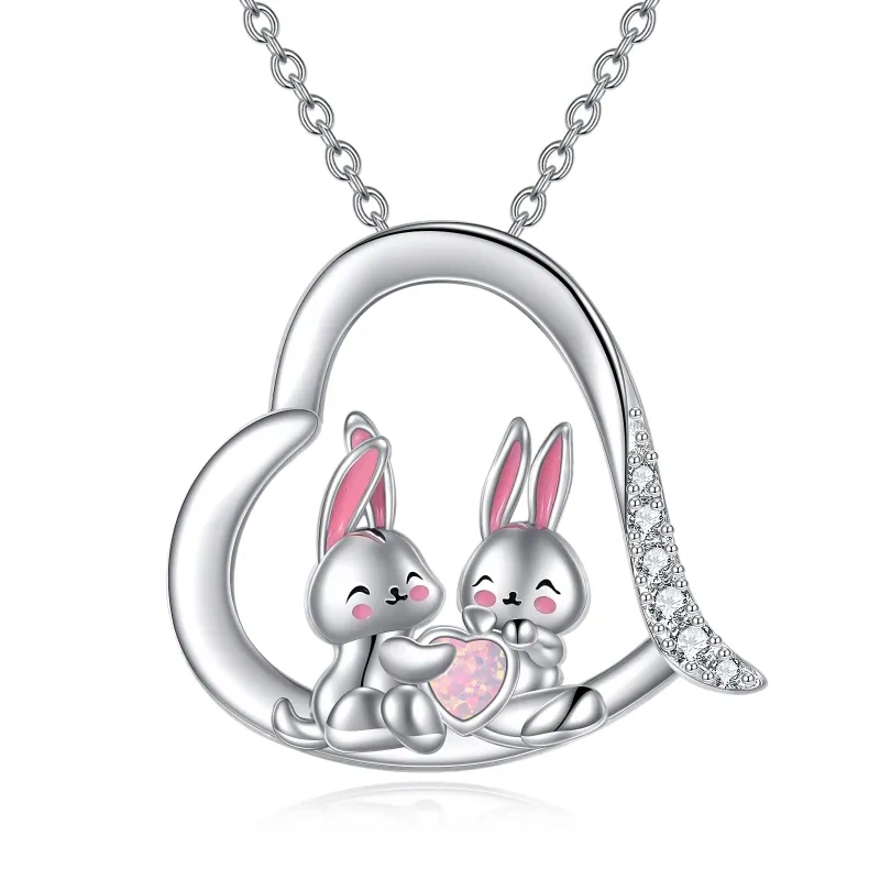 Collar con colgante de conejo de ópalo y circonita cúbica en forma de corazón de plata de ley para mejor amigo-1