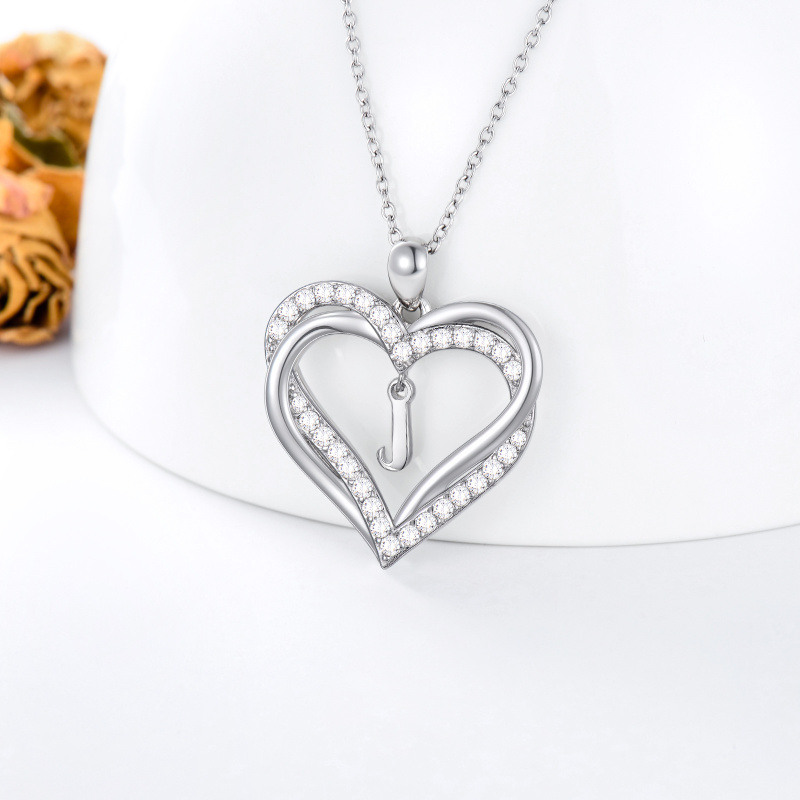 Collar con colgante de corazón de circonia cúbica de plata esterlina personalizado con inicial J y corazón para mujeres mejores amigas-4