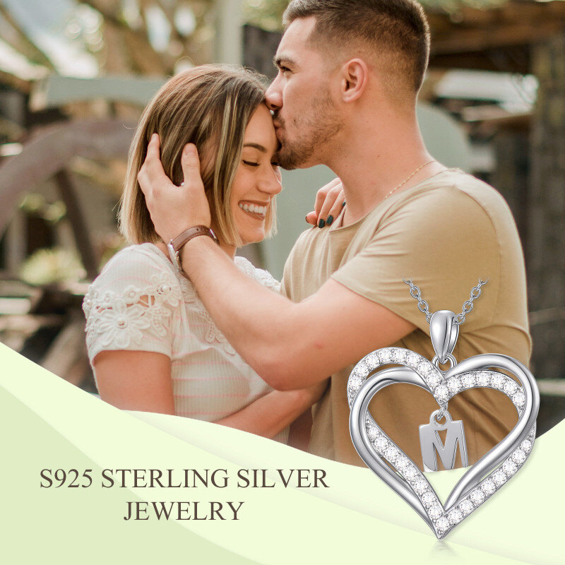 Collier pendentif cœur en argent sterling avec zircon cubique personnalisé, initiale M et cœur, pour femmes, meilleures amies-6