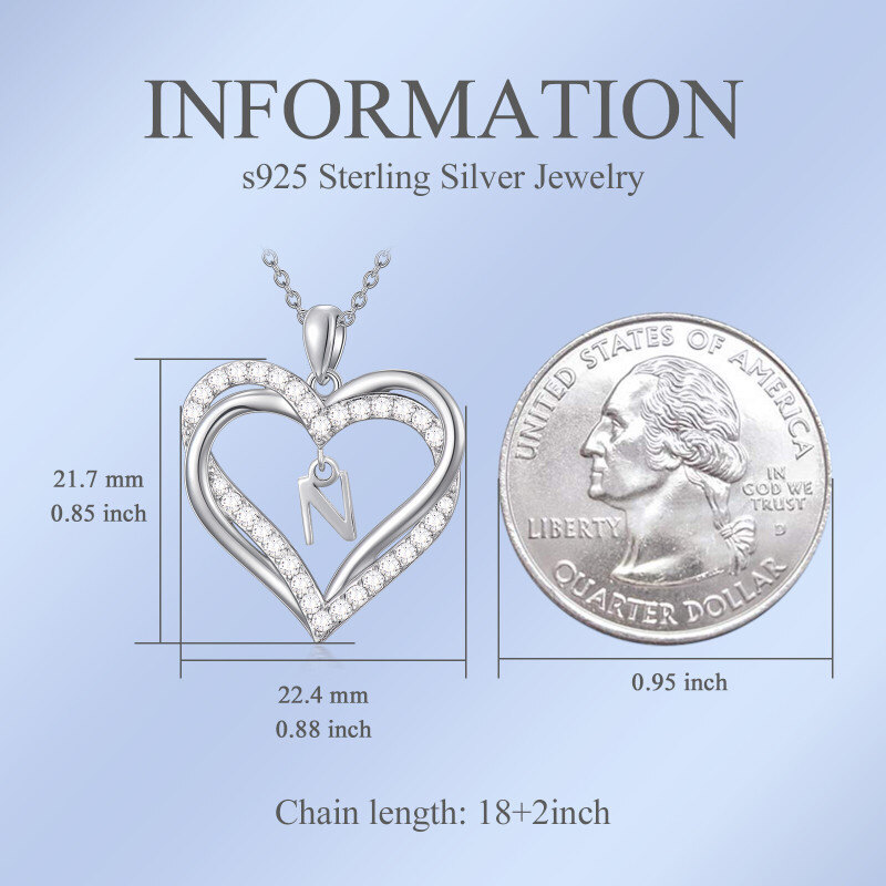 Collier pendentif cœur en argent sterling avec zircon cubique personnalisé, initiale N et cœur, pour femmes, meilleures amies-3