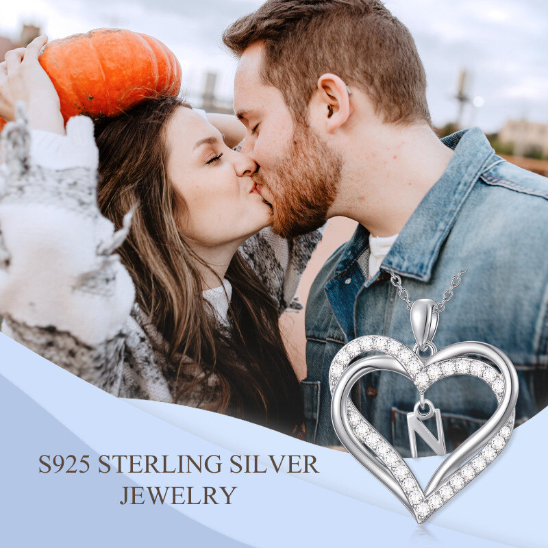 Collier pendentif cœur en argent sterling avec zircon cubique personnalisé, initiale N et cœur, pour femmes, meilleures amies-6