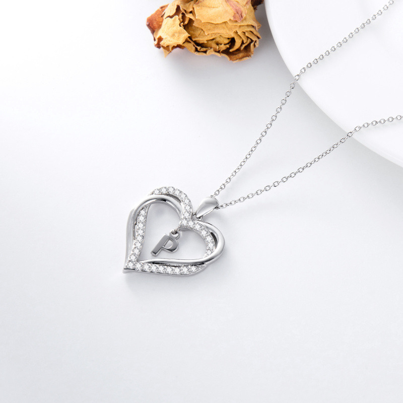 Sterling Silver Heart Cubic Zirconia Personalized Initial Letter P & Heart Pendant Necklace For Women Best Friends-5