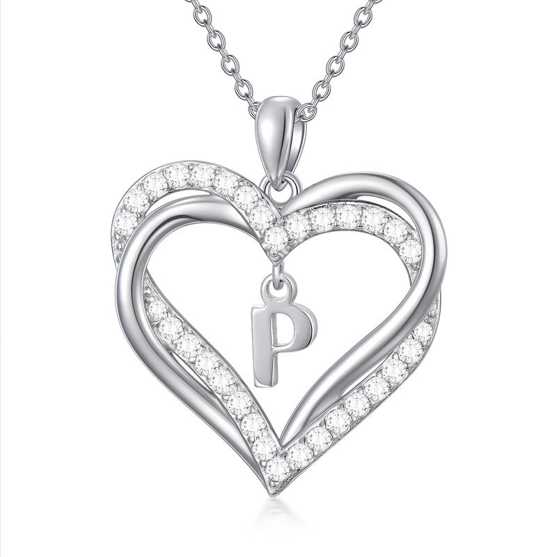Sterling Silver Heart Cubic Zirconia Personalized Initial Letter P & Heart Pendant Necklace For Women Best Friends-1