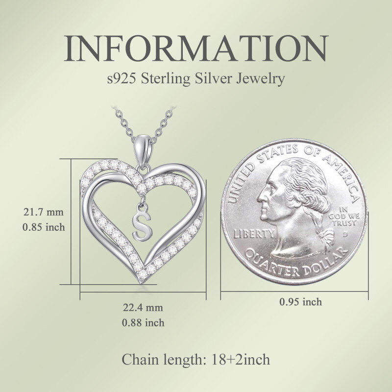 Sterling Silver Heart Cubic Zirconia Personalized Initial Letter S & Heart Pendant Necklace For Women Best Friends-3