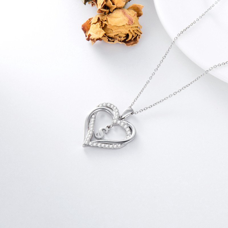 Sterling Silver Heart Cubic Zirconia Personalized Initial Letter S & Heart Pendant Necklace For Women Best Friends-5