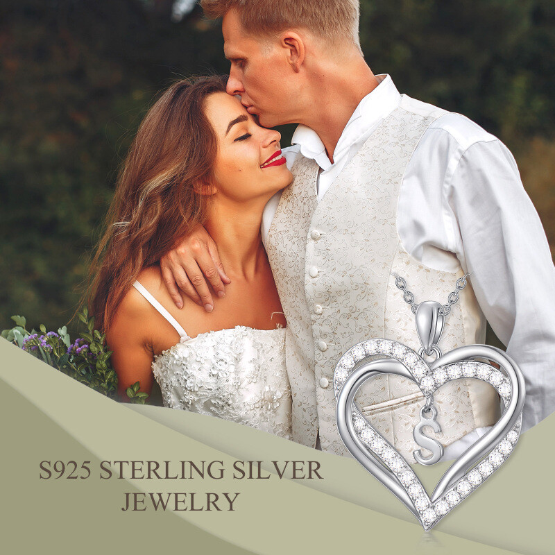 Sterling Silver Heart Cubic Zirconia Personalized Initial Letter S & Heart Pendant Necklace For Women Best Friends-6